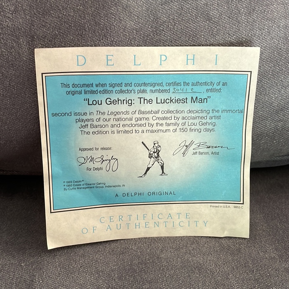 NWT.  Vintage Lou Gehrig “The Luckiest Man”. Collectible baseball plate. - Picture 3 of 6